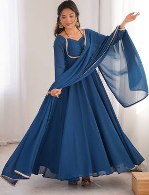 blue georgette gown with embroidered yoke & dupatta 3