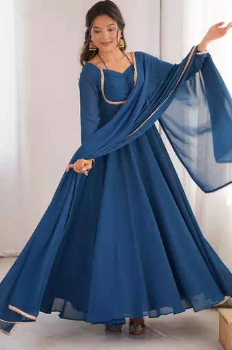 blue georgette gown with embroidered yoke & dupatta