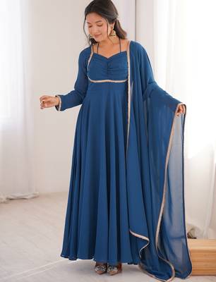 blue georgette gown with embroidered yoke & dupatta 4