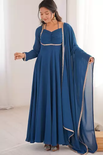 blue georgette gown with embroidered yoke & dupatta