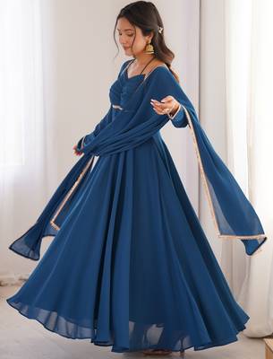 blue georgette gown with embroidered yoke & dupatta 5