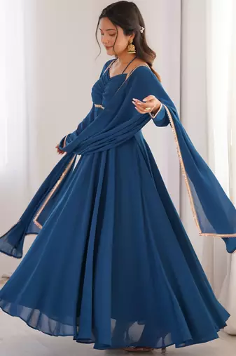 blue georgette gown with embroidered yoke & dupatta