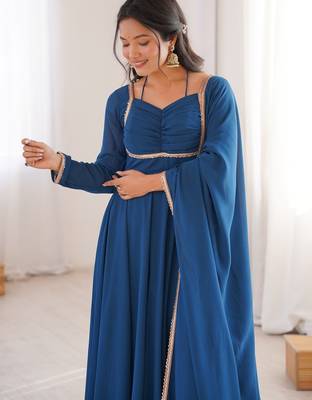 blue georgette gown with embroidered yoke & dupatta 6