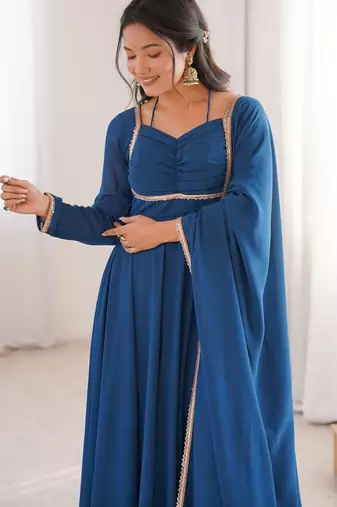 blue georgette gown with embroidered yoke & dupatta