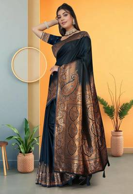 navy blue satin saree with zari woven border & pallu 1