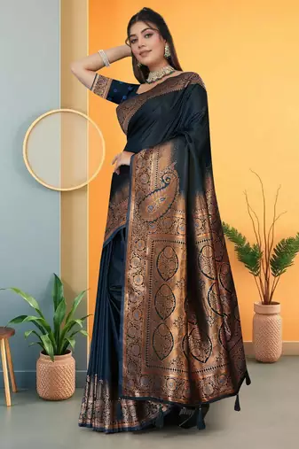 Navy Blue Satin Saree with Rich Gold Zari Woven Pallu & Traditional Border by Maharanga