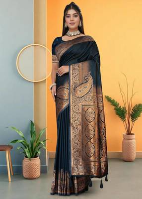 navy blue satin saree with zari woven border & pallu 2