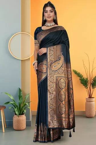 navy blue satin saree with zari woven border & pallu