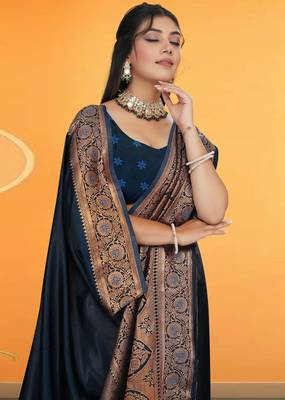 navy blue satin saree with zari woven border & pallu 3
