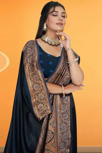 navy blue satin saree with zari woven border & pallu