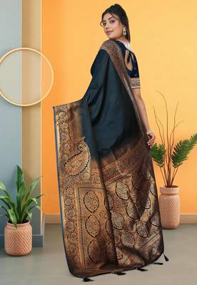 navy blue satin saree with zari woven border & pallu 4