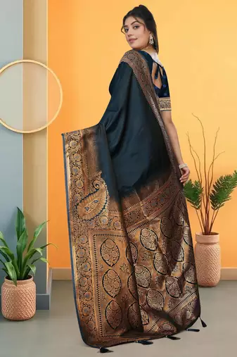 navy blue satin saree with zari woven border & pallu