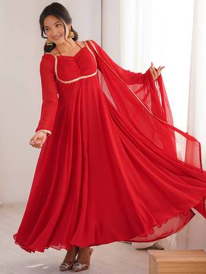 red georgette gown with embroidered yoke & dupatta 1