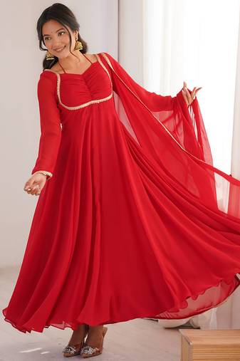 red georgette gown with embroidered yoke & dupatta