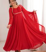 red georgette gown with embroidered yoke & dupatta