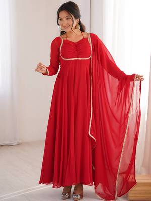 red georgette gown with embroidered yoke & dupatta 2