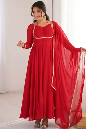 red georgette gown with embroidered yoke & dupatta