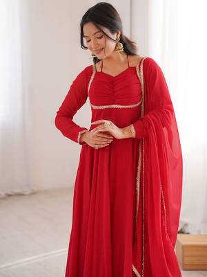 red georgette gown with embroidered yoke & dupatta 3