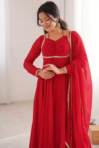 red georgette gown with embroidered yoke & dupatta