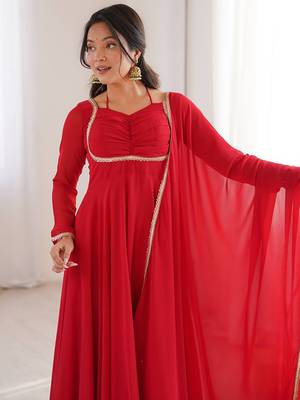 red georgette gown with embroidered yoke & dupatta 4