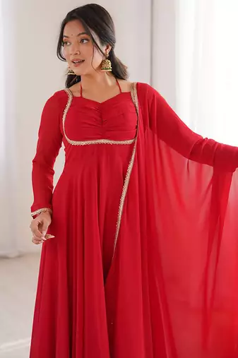 red georgette gown with embroidered yoke & dupatta