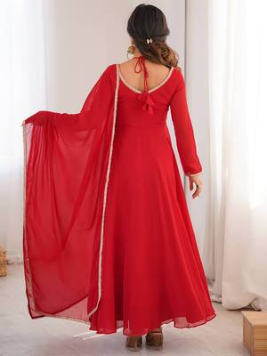 red georgette gown with embroidered yoke & dupatta 5
