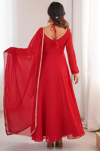 red georgette gown with embroidered yoke & dupatta