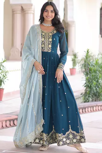 teal blue georgette gown with sequins & zari work