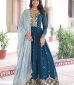 teal blue georgette gown with sequins & zari work