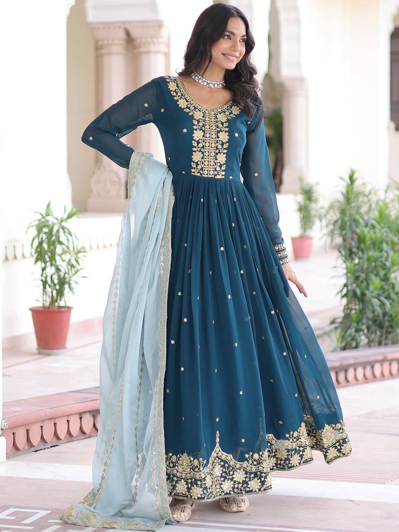 teal blue georgette gown with sequins & zari work