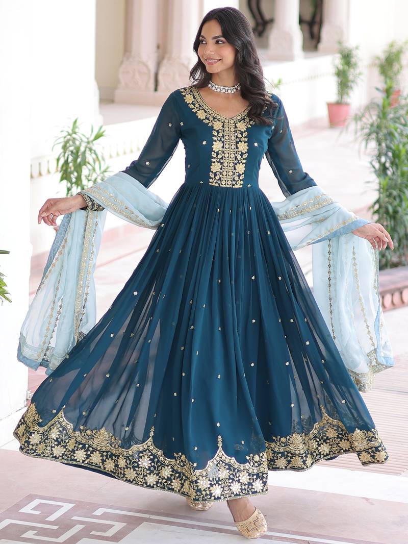 teal blue georgette gown with sequins & zari work