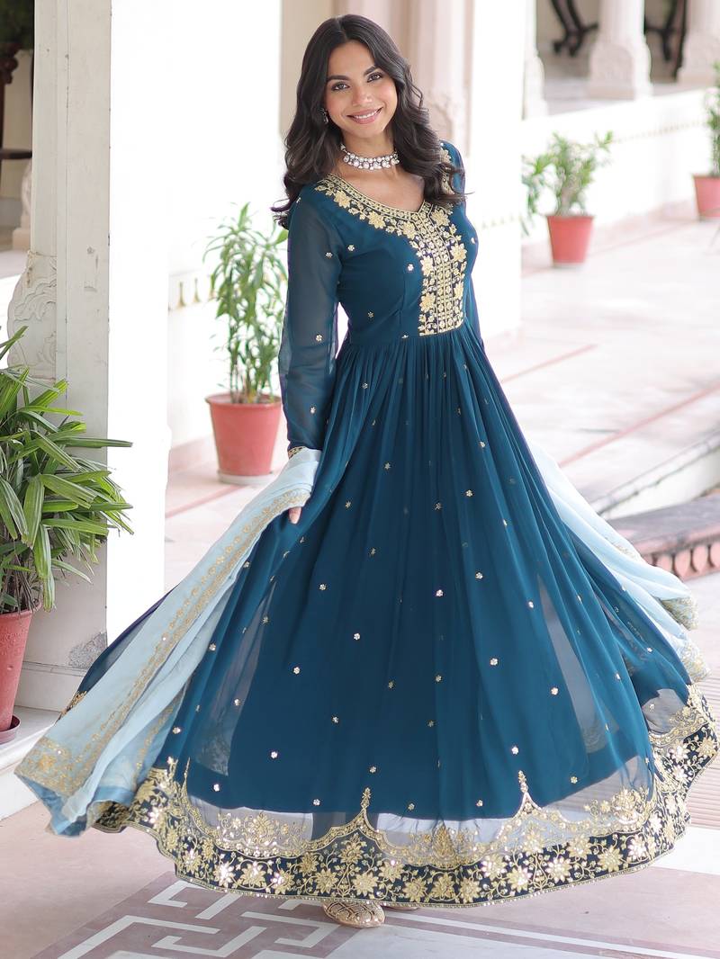 teal blue georgette gown with sequins & zari work