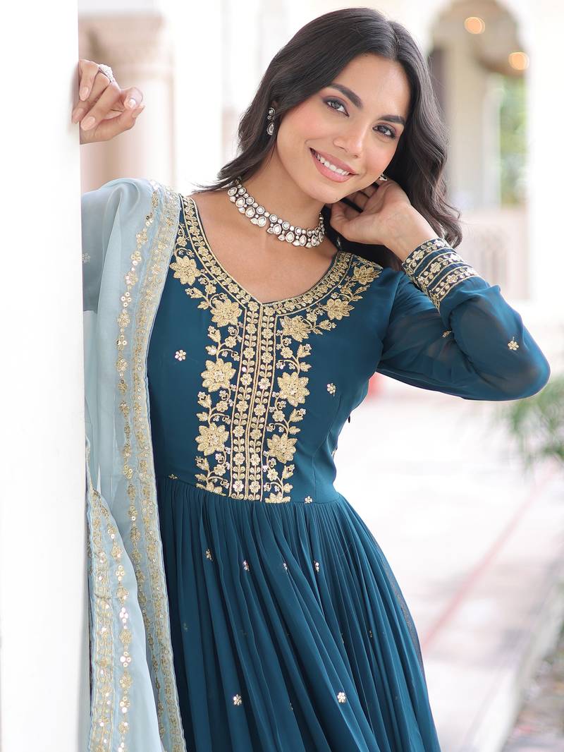teal blue georgette gown with sequins & zari work