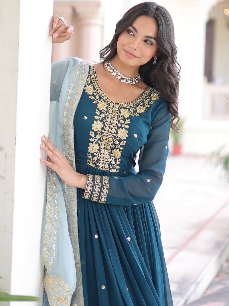 teal blue georgette gown with sequins & zari work