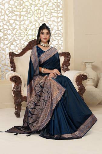 Mharanga Navy Blue Satin Saree with Rich Gold Zari Woven Border & Traditional Pallu