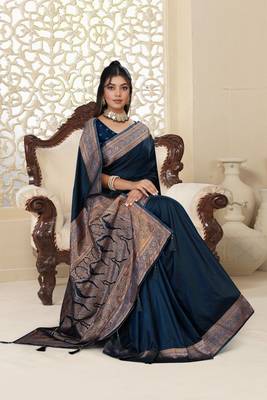 navy blue satin saree with zari woven border & pallu 1