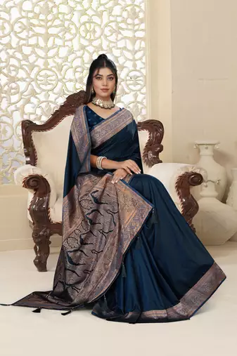 Mharanga Navy Blue Satin Saree with Rich Gold Zari Woven Border & Traditional Pallu