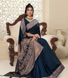 navy blue satin saree with zari woven border & pallu