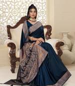 navy blue satin saree with zari woven border & pallu