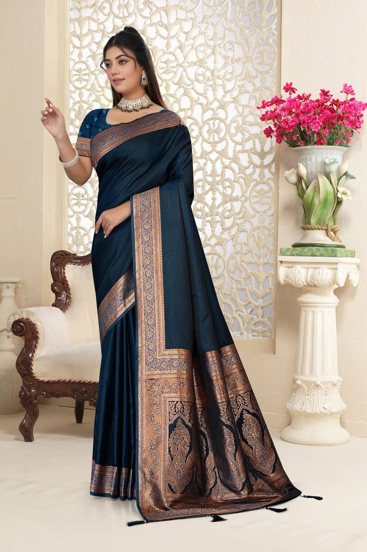 navy blue satin saree with zari woven border & pallu