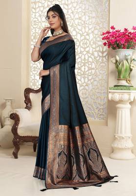navy blue satin saree with zari woven border & pallu 3