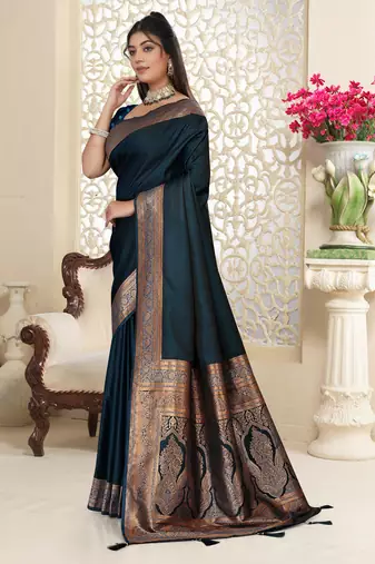 navy blue satin saree with zari woven border & pallu
