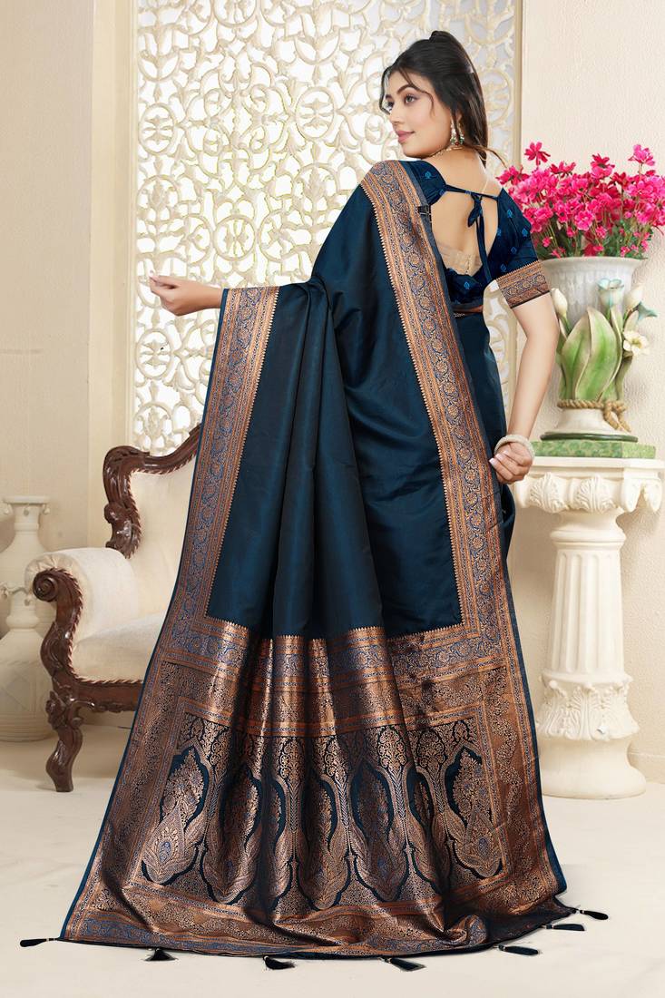 navy blue satin saree with zari woven border & pallu