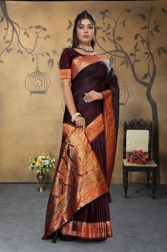 Maharanga Maroon Satin Saree with Rich Gold Zari Woven Border & Traditional Pallu