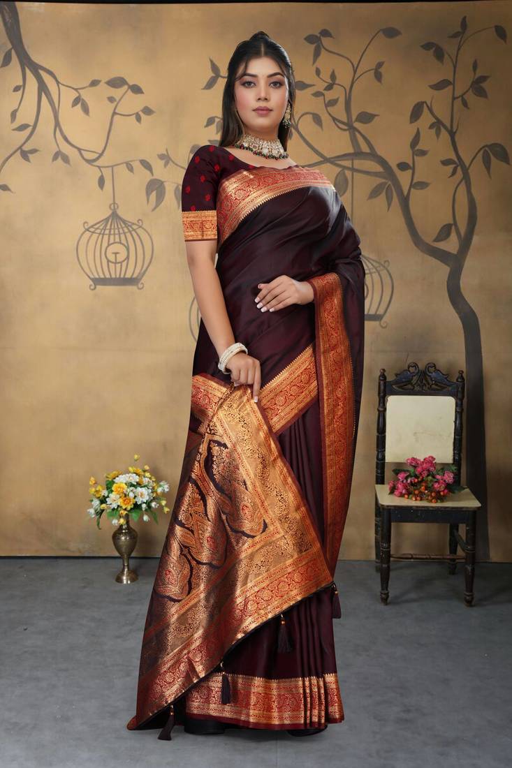 maroon satin saree with zari woven border & pallu
