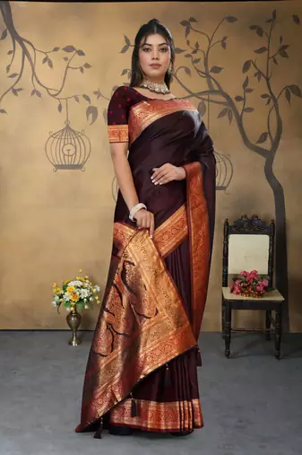 Maharanga Maroon Satin Saree with Rich Gold Zari Woven Border & Traditional Pallu