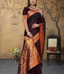 maroon satin saree with zari woven border & pallu