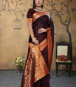 maroon satin saree with zari woven border & pallu