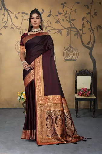 maroon satin saree with zari woven border & pallu
