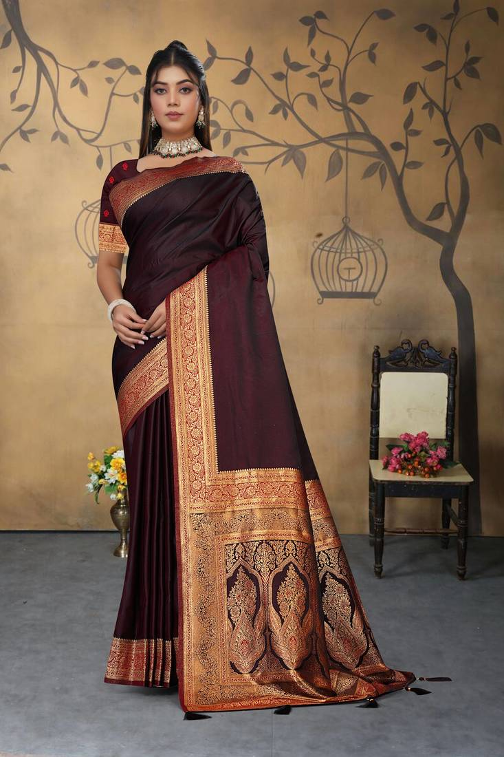 maroon satin saree with zari woven border & pallu